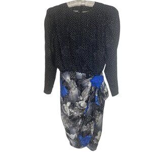 Saint Romei Vintage Womens Dress Size 10 Black Embossed Floral Midi Polka Dot